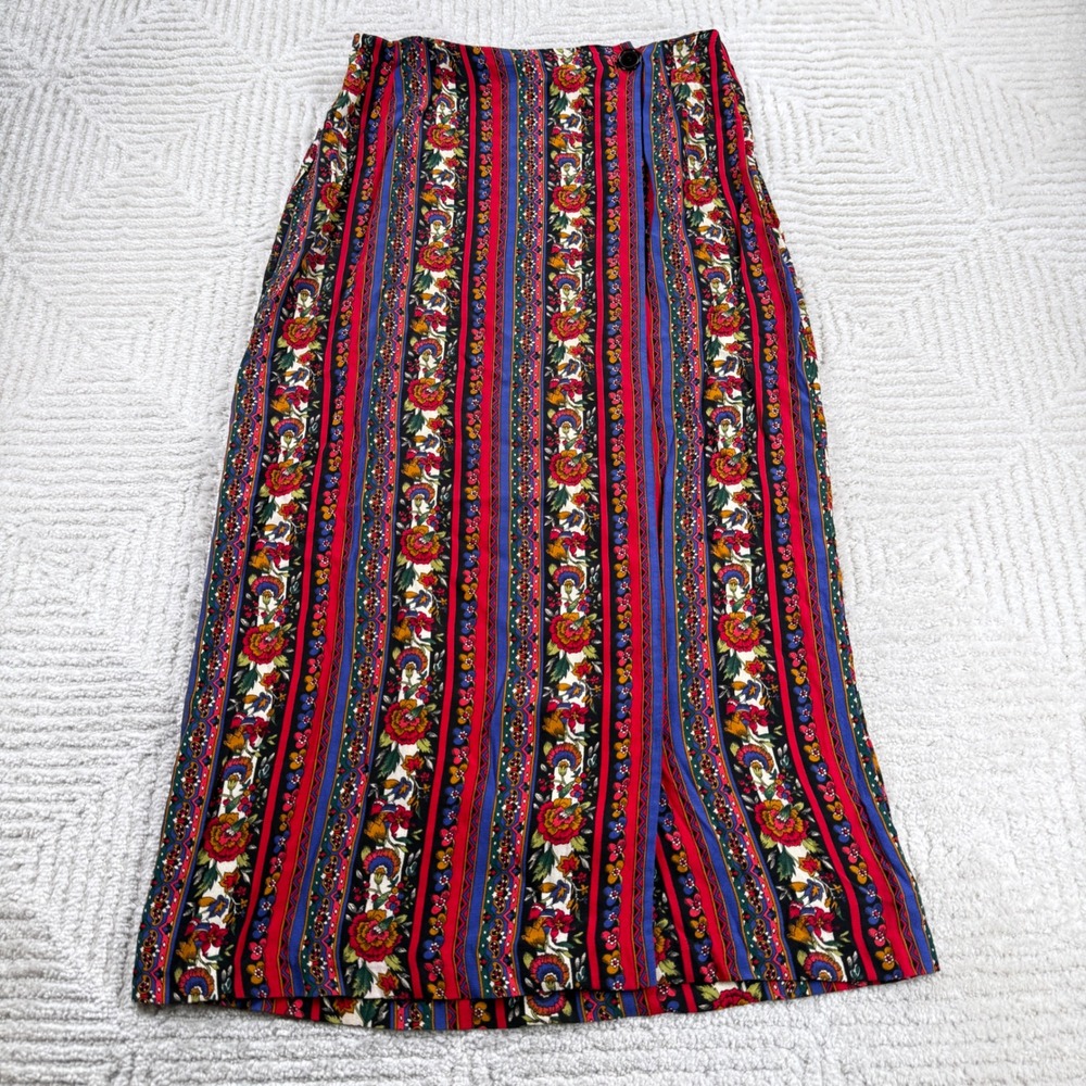 Express Maxi Wrap Skirt Womens L Red Floral Boho VTG 90s Bohemian Gypsy Folk